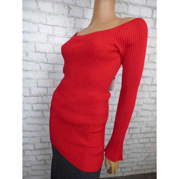 $198 MLM Label Red Ribbed Long Bell Sleeve Off Shoulder Indiana Sweater M NWT - Picture 5 of 11